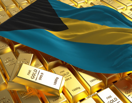 Bahamas national country flag on Golden ingots bars pyramid plate national foreign-exchange reserve banking economy system 3d rendering image conceptの写真素材