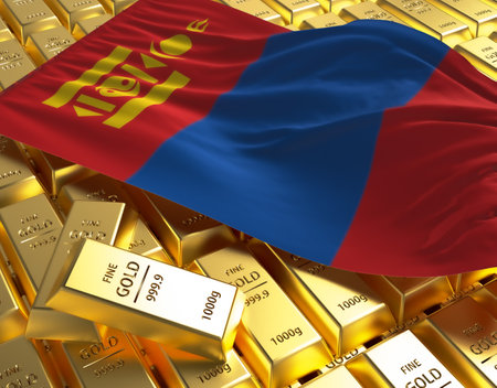 Mongolia national country flag on Golden ingots bars pyramid plate national foreign-exchange reserve banking economy system 3d rendering image conceptの写真素材