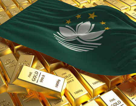 Macau national country flag on Golden ingots bars pyramid plate national foreign-exchange reserve banking economy system 3d rendering image conceptの写真素材