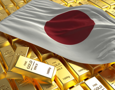 Japan national country flag on Golden ingots bars pyramid plate national foreign-exchange reserve banking economy system 3d rendering image conceptの写真素材