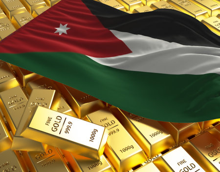 Jordan national country flag on Golden ingots bars pyramid plate national foreign-exchange reserve banking economy system 3d rendering image conceptの写真素材