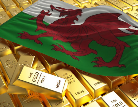 Wales national country flag on Golden ingots bars pyramid plate national foreign-exchange reserve banking economy system 3d rendering image conceptの写真素材