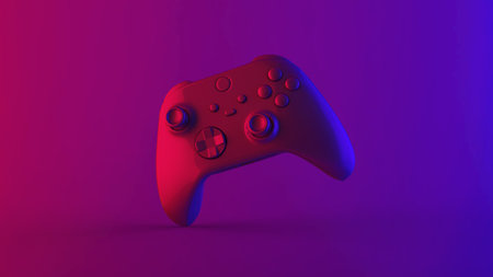 Neon light luxury style game console controller in red purple and blue gradient color free standing...