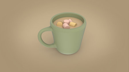 Toon style colorful 3d render image of hot chocolate with marshmallows in a ceramic cup isolated back isometric view advertisement ready usedの写真素材