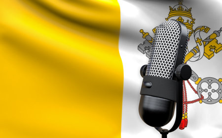 Vatican national flag with microphone composition of voice of truth debate information radio broadcast translation radio podcast freedom of speech concept 3d rendering imageの写真素材
