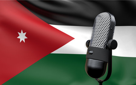 Jordan national flag with microphone composition of voice of truth debate information radio broadcast translation radio podcast freedom of speech concept 3d rendering imageの写真素材