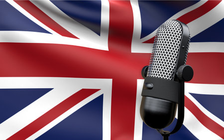 United Kingdom national flag with microphone composition of voice of truth debate information radio broadcast translation radio podcast freedom of speech concept 3d rendering imageの写真素材