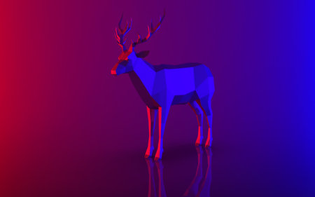 Luxury colorful wild animal deer with horns in neon style red blue and purple advertising ready polygonal model 3d rendering image front isometric viewの写真素材