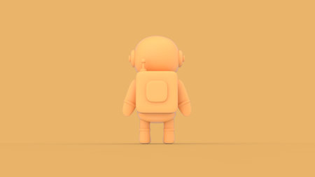 Isolated yellow astronaut character in space suit standing alone with empty space for advertisement ready to use 3d rendering image back camera viewの写真素材