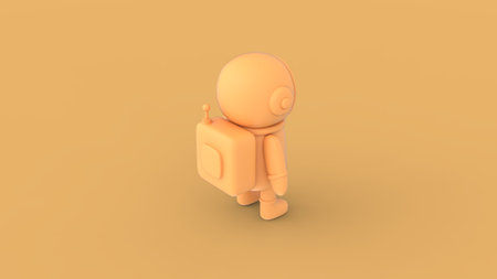 Isolated yellow astronaut character in space suit standing alone with empty space for advertisement ready to use 3d rendering image isometric back camera viewの写真素材