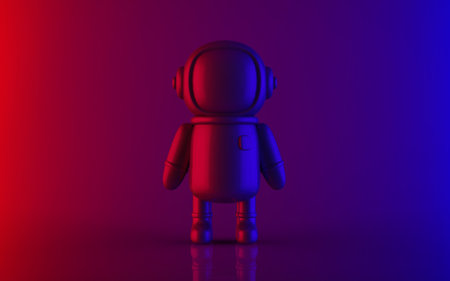 Luxury neon light style in red blue and purple color 3d rendering image of astronaut person concept abstract science fiction and surreal astronomy front viewの写真素材