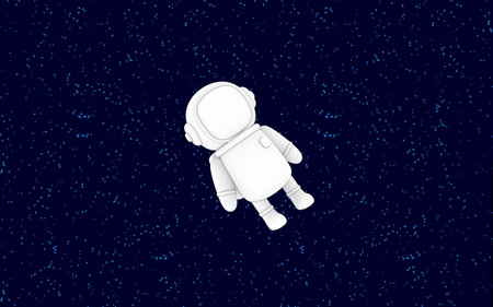 Composition of cartoon line drawing style astronaut spaceman character diving in free space on stars background deep slow motion near strange planets front view 3d rendering imageの写真素材