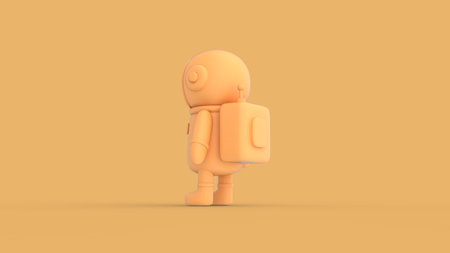 Isolated yellow astronaut character in space suit standing alone with empty space for advertisement ready to use 3d rendering image perspective back side camera viewの写真素材