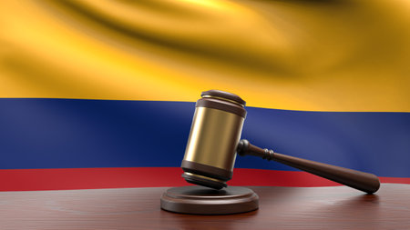 Colombia country national flag with judge gavel hammer on court desk concept of constitutional law and justice based on wood desk table 3d rendering imageの写真素材
