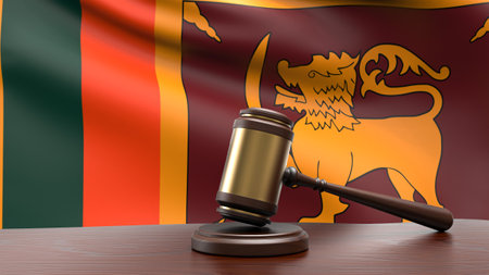 Ceylon country national flag with judge gavel hammer on court desk concept of constitutional law and justice based on wood desk table 3d rendering imageの写真素材