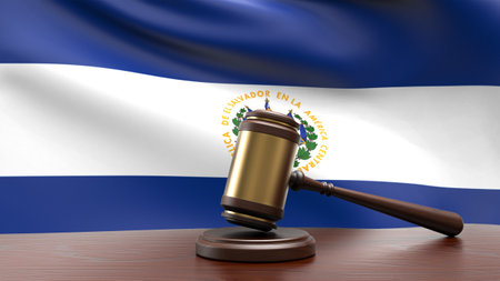 El Salvador country national flag with judge gavel hammer on court desk concept of constitutional law and justice based on wood desk table 3d rendering imageの写真素材