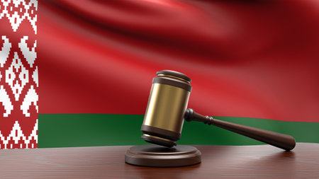 Belarus country national flag with judge gavel hammer on court desk concept of constitutional law and justice based on wood desk table 3d rendering imageの写真素材