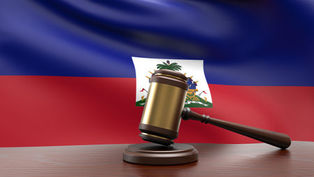 Haiti country national flag with judge gavel hammer on court desk concept of constitutional law and justice based on wood desk table 3d rendering imageの写真素材