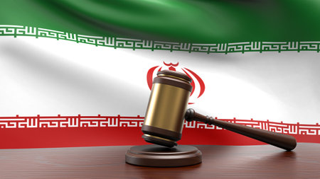 Iran country national flag with judge gavel hammer on court desk concept of constitutional law and justice based on wood desk table 3d rendering imageの写真素材