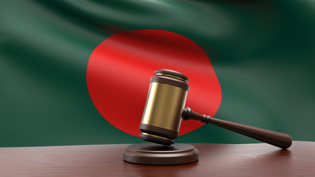 Bangladesh country national flag with judge gavel hammer on court desk concept of constitutional law and justice based on wood desk table 3d rendering imageの写真素材
