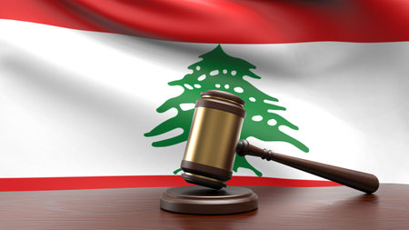 Lebanon country national flag with judge gavel hammer on court desk concept of constitutional law and justice based on wood desk table 3d rendering imageの写真素材
