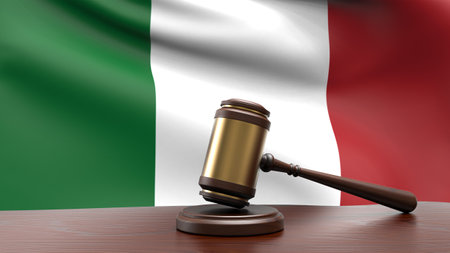 Italy country national flag with judge gavel hammer on court desk concept of constitutional law and justice based on wood desk table 3d rendering imageの写真素材