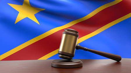 Democratic Republic of Congo country national flag with judge gavel hammer on court desk concept of constitutional law and justice based on wood desk table 3d rendering imageの写真素材