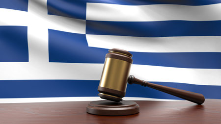 Greece country national flag with judge gavel hammer on court desk concept of constitutional law and justice based on wood desk table 3d rendering imageの写真素材