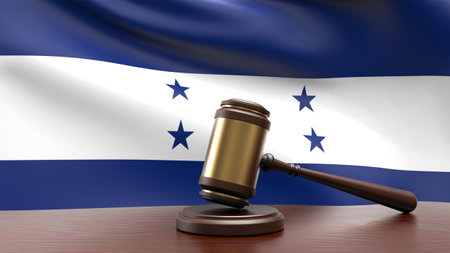 Honduras country national flag with judge gavel hammer on court desk concept of constitutional law and justice based on wood desk table 3d rendering imageの写真素材
