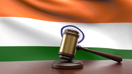 India country national flag with judge gavel hammer on court desk concept of constitutional law and justice based on wood desk table 3d rendering imageの写真素材