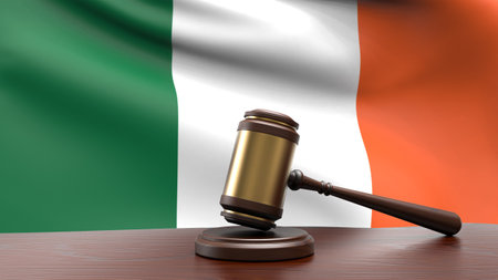 Ireland country national flag with judge gavel hammer on court desk concept of constitutional law and justice based on wood desk table 3d rendering imageの写真素材