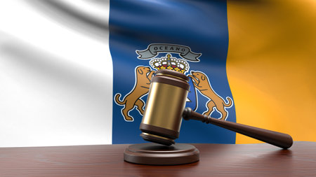 Canary Islands country national flag with judge gavel hammer on court desk concept of constitutional law and justice based on wood desk table 3d rendering imageの写真素材