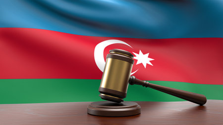 Azerbaijan country national flag with judge gavel hammer on court desk concept of constitutional law and justice based on wood desk table 3d rendering imageの写真素材