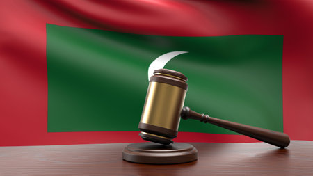 Maldives country national flag with judge gavel hammer on court desk concept of constitutional law and justice based on wood desk table 3d rendering imageの写真素材