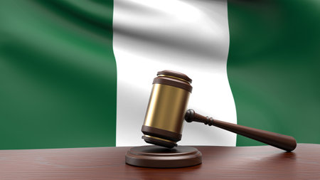 Nigeria country national flag with judge gavel hammer on court desk concept of constitutional law and justice based on wood desk table 3d rendering imageの写真素材