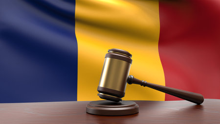 Romania country national flag with judge gavel hammer on court desk concept of constitutional law and justice based on wood desk table 3d rendering imageの写真素材