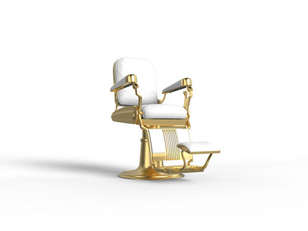 Gold luxury expensive looking white leather armchair for beauty salon isolated with copy space for advertisement right perspective side 3d rendering imageの写真素材