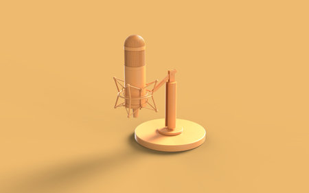 Concept icon monochrome yellow solid color old vintage microphone sound speaker recording podcast broadcast equipment 3d rendering image right perspective viewの写真素材