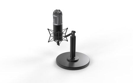 Retro classic microphone on short leg and stand one ground isolated on white solid background realistic look sound equipment 3d rendering image left isometric viewの写真素材