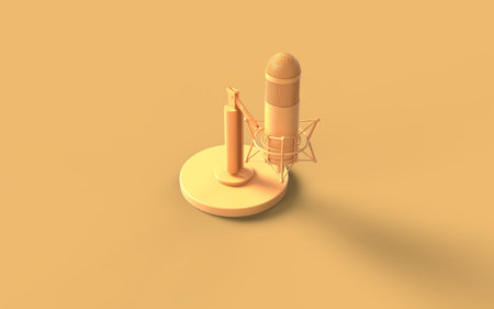 Concept icon monochrome yellow solid color old vintage microphone sound speaker recording podcast broadcast equipment 3d rendering image left perspective viewの写真素材