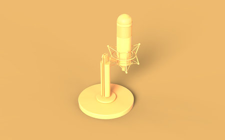 Concept icon monochrome yellow solid color old vintage microphone sound speaker recording podcast broadcast equipment 3d rendering image back left perspective viewの写真素材