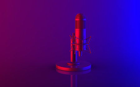 Luxury neon light style red blue and purple color mic equipment vintage retro old school audio voice device public talking 3d rendering image left perspectiveの写真素材