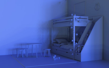 Modern interior kids leaving room monochrome with bed toys table chairs rug and other apartment furniture empty copy space picture frame for advertisement 3d rendering image perspective viewの写真素材