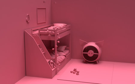 Kids leaving room apartment monochrome pink color concept style interior design mock up usage ready with empty space pig shelf bed and toys 3d rendering image isometric viewの写真素材