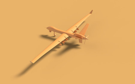 Military surveillance combat air drone predator with rocket for spy and defense yellow solid color concept symbol industrial war usage 3d rendering image right back perspective viewの写真素材