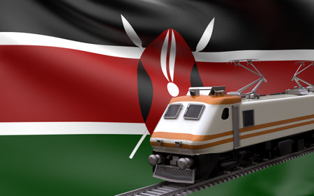 Kenya country national flag with speed trains railroad locomotive tourist traveling path international journey infrastructure concept 3d rendering imageの写真素材