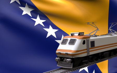 Bosnia and Herzegovina country national flag with speed trains railroad locomotive tourist traveling path international journey infrastructure concept 3d rendering imageの写真素材