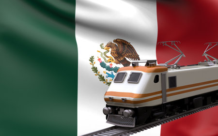 Mexico country national flag with speed trains railroad locomotive tourist traveling path international journey infrastructure concept 3d rendering imageの写真素材