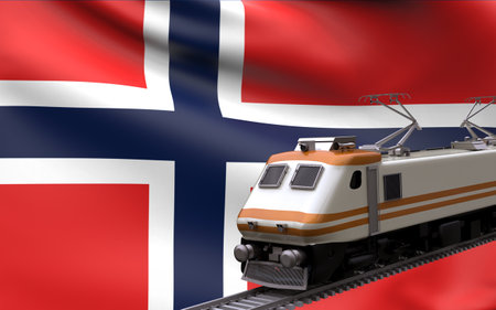 Norway country national flag with speed trains railroad locomotive tourist traveling path international journey infrastructure concept 3d rendering imageの写真素材