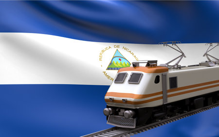Nicaragua country national flag with speed trains railroad locomotive tourist traveling path international journey infrastructure concept 3d rendering imageの写真素材